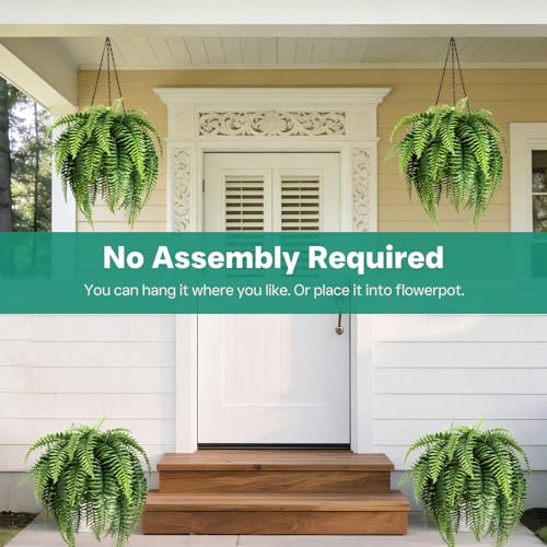2 Set Fake Ferns with Hanging Baskets, Realistic Fake Hanging Plants, UV Resistant Artificial Ferns Outdoor Faux Plants for Front Porch Patio Garden Home Décor, No Assembly Required