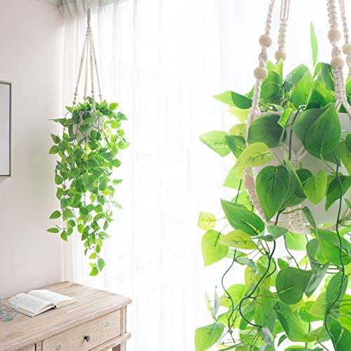 Mkono Fake Hanging Plant with Pot, Artificial Plants for Home Decor Indoor Macrame Plant Hanger with Fake Vines Greenery for Bedroom Bathroom Kitchen Office Decor, Ivory (Pothos) - color: Ivory