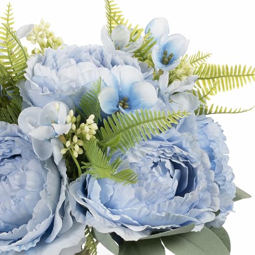 ENOVA FLORAL Artificial Flower Arrangement with Vase,Mixed Artificial Silk Peony Flower in Vase for Decoration Home Office, Wedding Centerpiece (Blue) - color: Blue