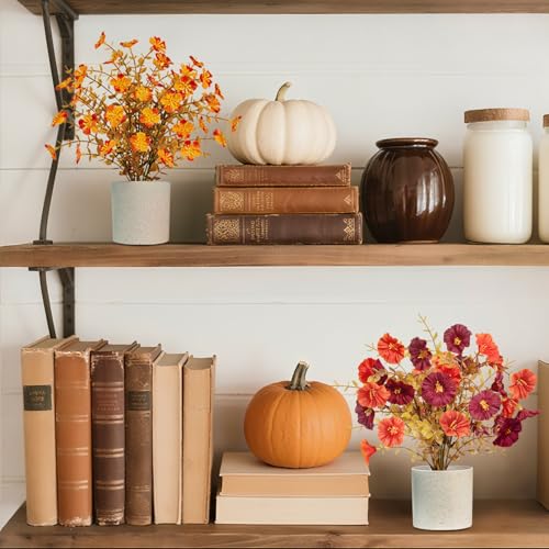2 Pack Artificial Fall Flowers, Fake Small Plants Autumn Potted Flowers for Fall Table Centerpieces Thanksgiving Home Tabletop Office Bathroom Farmhouse Decor (Orange Red) - color: Orange Red, size: 2 Pcs