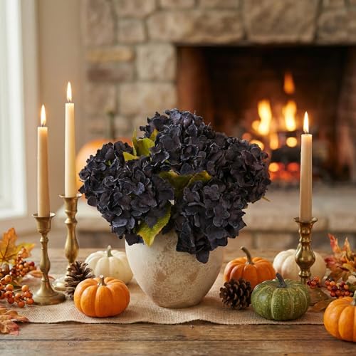 TOPIA Black Silk Flowers Artificial Silk Dried Hydrangea Flowers Artificial Fall Flowers Bouquet Dried Flowers for Home Decor(6 PCS) (Black) - color: Black