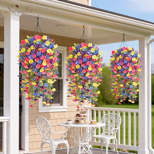Serwalin Artificial Hanging Flowers for Outdoors UV Resistant, 4PCS Faux Morning Glory Fake Outdoor Flowers Realistic Silk Flower Faux Plants for Outside Planter Front Door Porch Patio Yard Decor - color: Purple, Yellow, Blue& Hot Pink