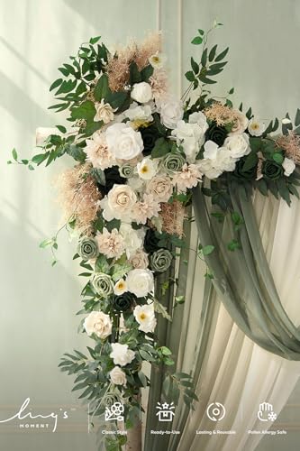 Ling's moment Wedding Arch Flowers with Sheer Drapes Kit - Artificial Spring Green Rose Floral Arrangements for Ceremony Backdrop, Arbor Decor, 5-Piece Set (2 Flower Stems + 3 Hanging Drapes) - color: Grn-emerald & Tawny Beige