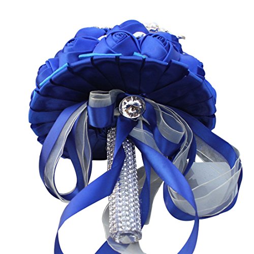 S_SSOY Customizable Romantic Wedding Bouquets Silk Flowers Bridal Holding Roses Bride Bridesmaid Brooch Bouquet with Pearl Diamond Crystal Ribbon Valentine's Day with Free Corsage (Blue) - color: Blue