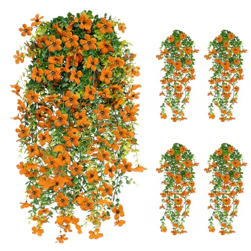 Artificial Hanging Flowers 4 Bundles UV Resistant Fake Flowers for Outdoor Decor Realistic Silk Flower Faux Plants for Patio Porch Garden Yard (Orange) - color: 4pcs Orange