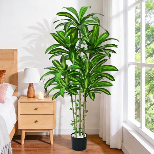 Dolicer 5FT Tall Look Real Artificial Dracaena Tree Indoor with Black Planter, Realistic Artificial Fake Faux Indoor Plants with Natural Trunk and Lifelike Leaves for Home Office Living Room - size: 5FT