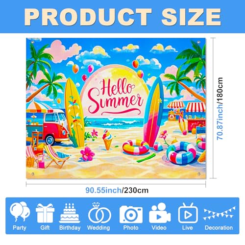 BlissYard Hello Summer Beach Backdrop 8x6ft Tropical Ocean Party Background Surfboard Palm Tree Seaside Scene for Birthday Pool Party Luau Event Coastal Summer Decoration Photo Booth Banner - color: Summer Beach#05