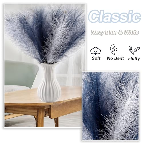 60Pcs Navy Blue and White Faux Pampas Grass Decor, 21.7" Pompas Grass Flower Arrangement and Vase Filler for Boho Home Wedding Decoration - size: 21.7'' Tall Navy Blue&White