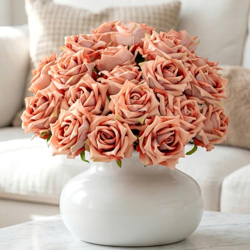Ttranewsoo Fake Roses Faux Flowers Silk Roses Artificial Roses with Stems Realistic Artificial Flowers Suitable for Indoor Home Decoration Diy Bouquet Wedding Decoration Party Decor 24PCS Khaki 16.5In - color: Khaki 24pcs