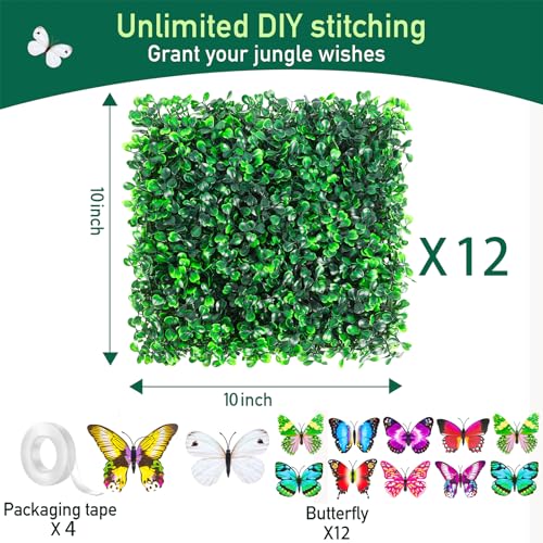 10 X 10 in Artificial Grass Wall Panel Backdrop,UV-Anti Greenery Boxwood PanelsEquipped with Double Sided Adhesive Tape, for Indoor Outdoor Grass Wall Backdrop