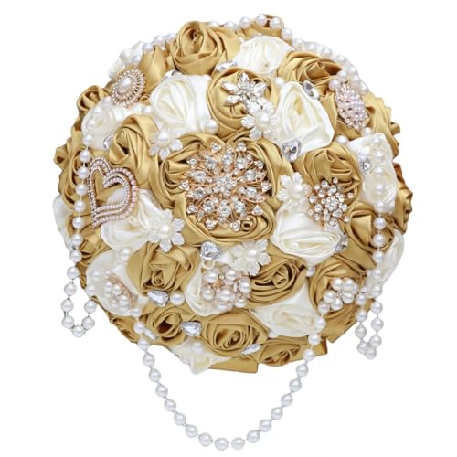 Ivory and Gold Bridal Wedding Bouquet with Rhinestone Brooch Pearl String Cascade Bouquet for Bride Bridesmaid Quinceanera Satin Rose Flower Bouquet Wedding Gold and Ivory 9.8in - color: Gold & Ivory (#2), size: Extra-large (DIA. 9.8"/25cm)