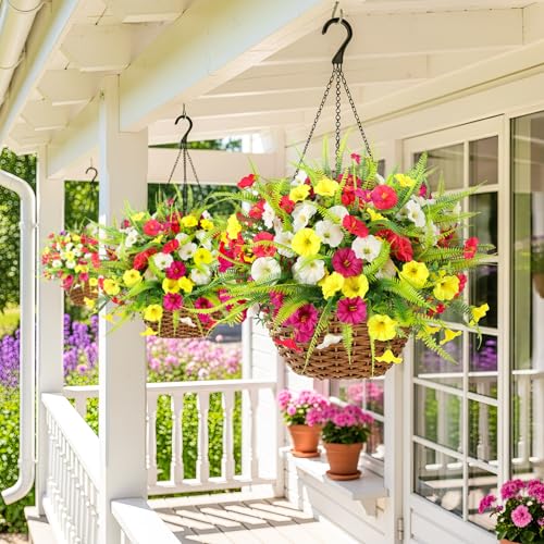 Artificial Flowers for Outdoors 12 Bundles Artificial Petunias Fake Flowers UV Resistant Shrubs Plants with Fern for Indoor Outside Hanging Planters Home Garden Spring Summer Decorations - color: White,magenta, Rose Red,yellow