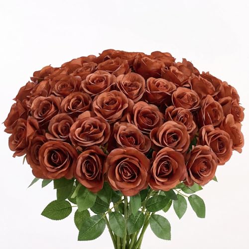 55 Pcs Burnt Orange Roses Artificial Flowers Bulk, Artificial Roses Fake Flowers with Adjustable Stems, Soft Foam Roses for DIY Wedding Bouquets, Bridal Shower Centerpieces, Home Party Decor - color: Burntorange