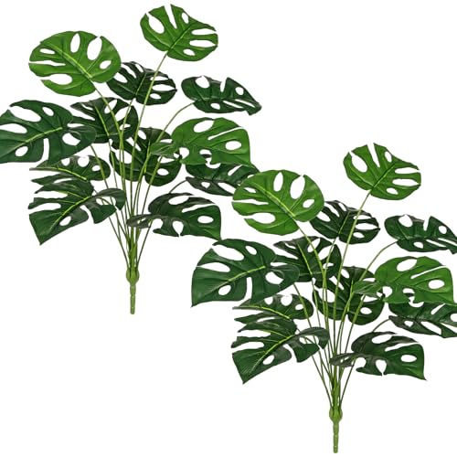 Hollyone 2PCS Artificial Monstera Plants Leaves 28" Fake Tropical Monstera Bush Tree Leaf Large Faux Greenery Stem Shrubs for Indoor Outdoor Home Garden Arrangement Jungle Safari Wedding Party Decor - color: Monstera #2, size: Bushes