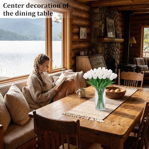 20pcs White Tulips Artificial Flowers Flores Artificiales para Decoracion,Real Touch Fake Tulips for Mother's Day Thanksgiving Easter and Christmas Decorations Wedding Office Home Decor