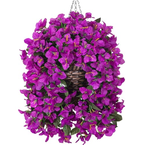 Ivydale Bougainvillea Artificial Flowers Hanging Basket for Outdoors Spring Decoration, 3pcs Silk Flowers Fake Plants Long Vines Look Real UV Resistant for Yard Porch Patio Home, Fuchsia - color: Fuchsia