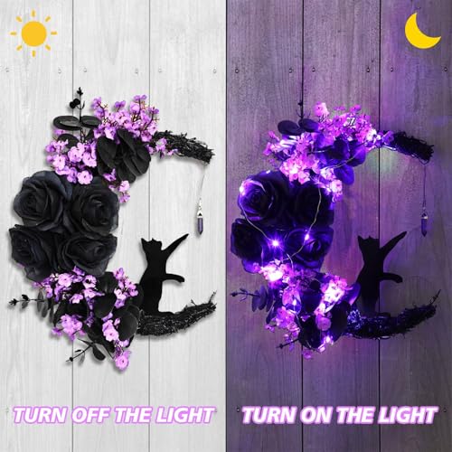 Halloween Wreaths for Front Door, Flower Moon Cat Halloween Home Decoration, Family Gathering Decoration Wreath，Outdoor, Wall, Closet, Fence, Wreath Christmas (Moon Cat - Purple) - color: Moon Cat - Purple