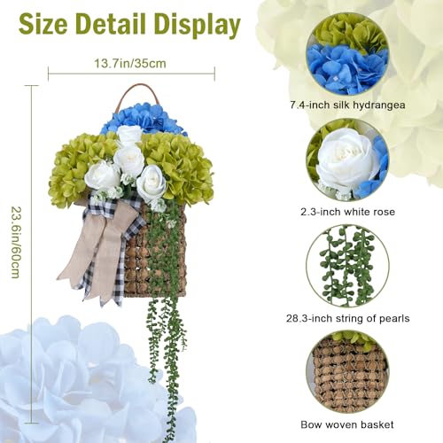 23.6" Basket Wreaths for Front Door Hanging Basket Blue & Green Hydrangea Wreaths for Front Door with Rose Spring Summer Wreath for Front Door Porch Wall Window Boho Farmhouse Home Decor - color: Blue & Green
