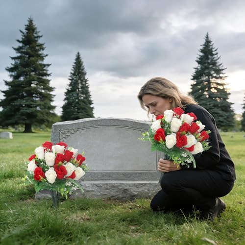 Artificial Rose Bouquets Fake Roses Flowers Set of 4 Realistic Silk Flowers for Cemetery Headstone Home Wedding Decoration UV Resistant No-Fading(Red White) - color: Red White