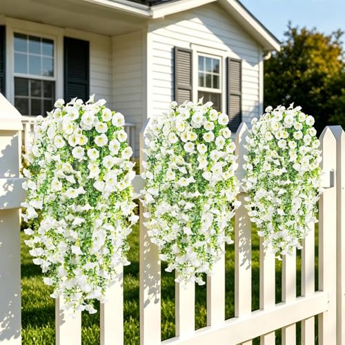 Artificial Hanging Flowers for Outdoors, 4 PCS UV Resistant Morning Glory Flowers with Eucalyptus Leaves, Silk Fake Flower Realistic Faux Plants for Home Patio Porch Garden Decor, White - color: White
