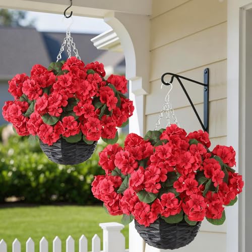 GLIDLION 2 Set Artificial Geraniums Flowers with Hanging Baskets for Outdoors - Sun Resistant Silk with Geranium Flowers, Fake Hanging Planters for Front Porch Garden Patio Home Decor (Red) - color: Red