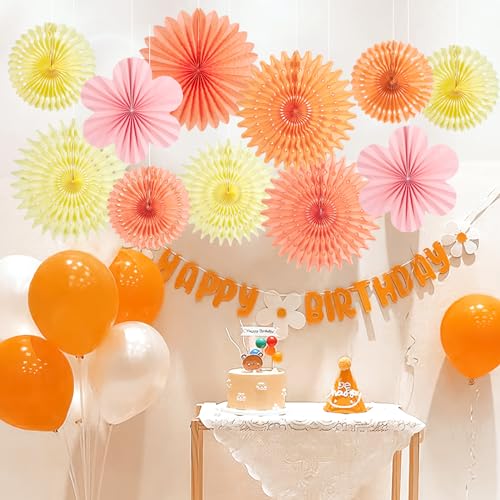 PAPER JAZZ Paper Flowers with Paper Fan Boho Hanging Decor Artificial Flowers Decorations for Wall Pink and Orange Party Decorations for Classroom, Beach Party, Summer Birthday Party Pack of 11. - color: Orange Pink