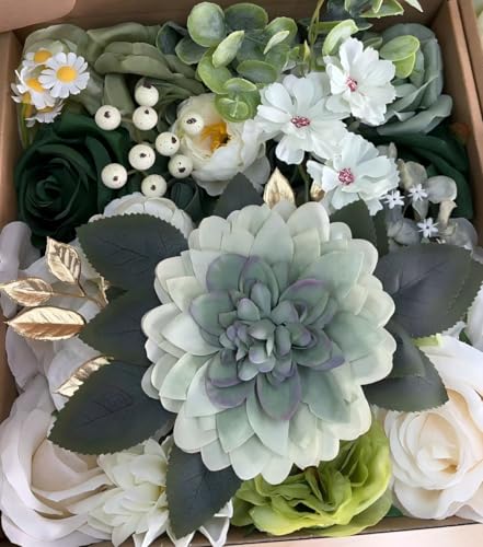 Artificial Flowers Combo Box Set Silk Dahlia Roses with Stems Cake Flowers Bridal Wedding Bouquets DIY Boho Fake Floral Arrangements Baby Shower Party Table Centerpieces Home Decor (Forest Green) - color: Forest Green