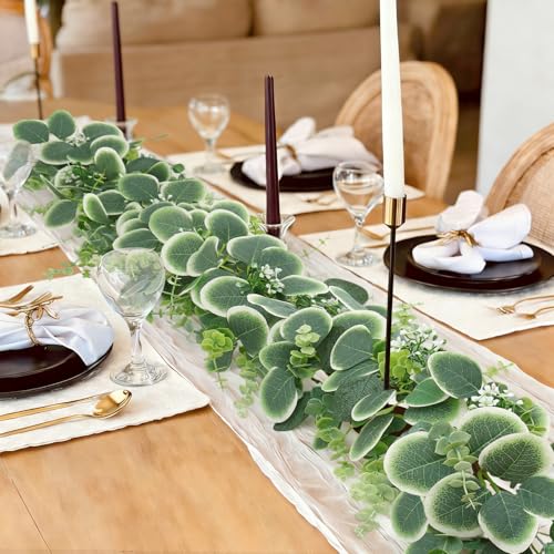 Betylifoy 2 Pcs Artificial Eucalyptus Garland 12FT Faux Silver Dollar Eucalyptus Leaves Garlands Hanging Vines Fake Greenery Garland with Flowers for Wedding Party Table Runner Home Mantle Decor - size: 2pcs