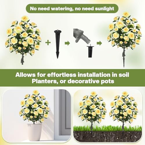 Lunmon 2 Pack 3ft Artificial Camellia Plants Tree 36" Faux Camellia Flower with Spike UV Resistant Realistic Fake Floral Blooming Bush for Indoor Outdoor Front Door Porch Backyard Garden, Yellow - color: Yellow, size: 3 ft