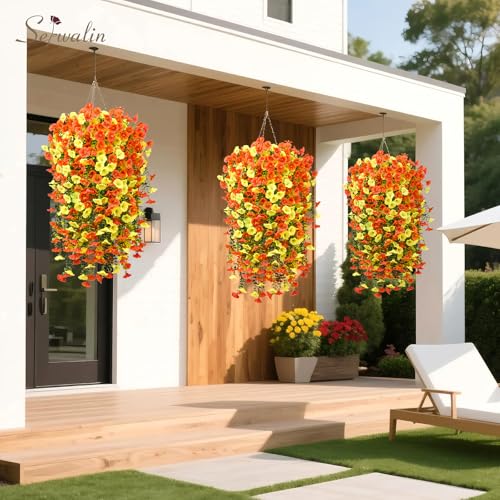 Serwalin Artificial Hanging Flowers for Outdoors Decoration, 4PCS UV Resistant Silk Artificial Fake Plants Outdoor for Porch Patio Balcony Indoor Planter Yard Decor (Orange&Yellow,4PCS) - color: Orange&yellow