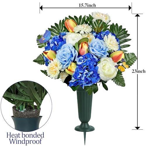 Artificial Cemetery Flowers for Grave,Memorial Flowers Bouquet with Vase for Headstones Decoration,Blue Rose Tulip Hydrangea - color: Blue