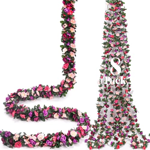 Miracliy 8 Pack 65 FT Flower Garland Decorations Plastic Artificial Flowers for Wedding Decoration Photo Booth Backdrop - color: Pink&purple-8pcs