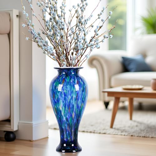 XMGZQ 20" Tall Glass Vases for Floor,Large Hand Blown Sea Glass Flowers Vase for Centerpieces,Jarrones Grandes para Sala Elegantes,for Bookshelf,Bathroom,Countertop,Indoor Office Desktop (Blue Green)