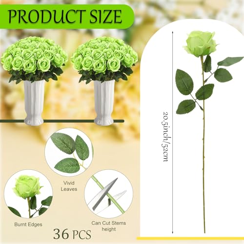 36 Pcs Silk Green Rose Bouquet Bridal Artificial Flowers,Fake Rose Long Stem Realistic Flowers Bulk for Wedding Bouquet Ball Arrangement Centerpiece Party Decor - color: Light Green