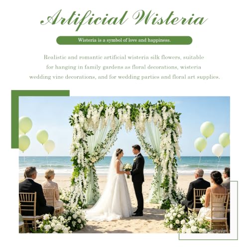 dallisten Wisteria Artificial Flowers Garland, 2Pcs 7.2Ft/Piece Silk Fake Wisteria Vine Kit, Hanging Flower for House Outdoor Garden Ceremony Outside Wedding Arch Floral Decor (2, White) - color: White