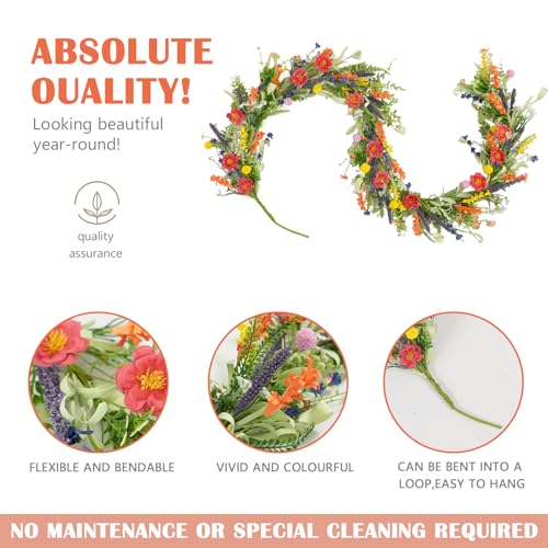 TEMPUS 6Ft Spring/Summer Garland with Flowers, Colorful Artificial Fake Flower Greenery Garland with Daisies, Lavender for Wedding Mantle Party Table Centerpiece All Season Decor
