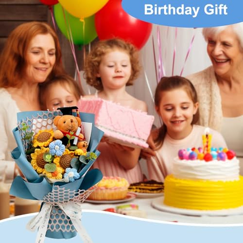 Graduation Gifts Crochet Flowers Bouquet, Handmade Sunflower Rose Bear Graduations Flower Bouquet for Birthday, Teacher Appreciation Gifts, Christmas, Home Décor (Include Card) Blue - color: Blue