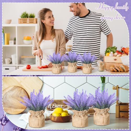 6 Pack Fake Lavender Plant Small Artificial Lavender Flowers Decor Burlap Bag Rustic Plant Potted for Kitchen Farmhouse Home Bedroom Wedding Table Country Indoor Decor