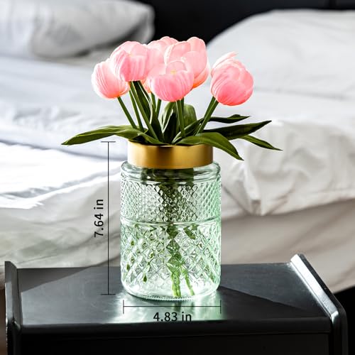 2-Pack Flower Vase Glass, 7.6 inch Green Fluted Vase with Golden Metal Top,Stylish Decorative for Tabletop Centerpiece, Kitchen,Living Room,Bedroom,Bathroom,Office - color: Green1
