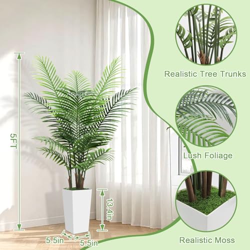 5FT Fake Plant Artificial Palm Tree Indoor Decor – Faux Plants Indoor Tall with White Planter – Artificial Tree Floor Plant for Living Room Office Home - color: White, size: 5ft