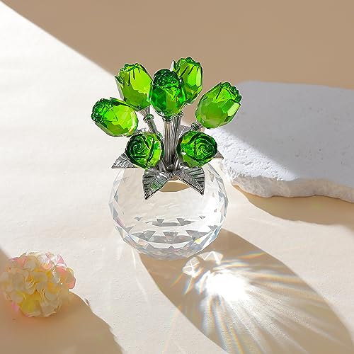 Green Rose Flower Crystal Figurine with Vase, Bouquet Flowers Ornament Gifts for Wife Girlfriend Women , Handmade Crystal Flower Collectible Home Table Decor for Valentine's Day Wedding Anniversary - color: Green -Crystal Rose