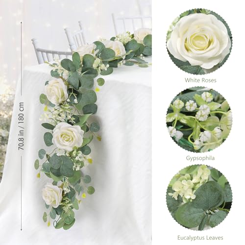 TOCHGREEN 2Pcs(13 Ft) Artificial Eucalyptus Flower Garland with White Rose Flowers,Faux Rose Vine Gypsophila Greenery for Home Party Wedding Table Decor (White, 2PCS) - color: White, size: 2PCS