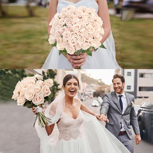 Sggvecsy 50 Pcs Artificial Roses Fake Flowers Velvet Silk Roses with Stems Bulk Realistic Faux Flowers for Bridal Bouquets Wedding Centerpieces Valentines Day DIY Home Party Decor (Champagne) - color: Champagne