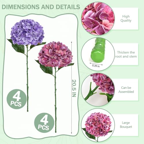 8pcs Hydrangea Artificial Flowers Purple Magenta Fake Silk Hydrangea Flower Stems for Bouquets UV Resistant Realistic Faux Plants Home Outdoor Wedding Party Centerpieces Decor (Purple, Magenta, 8 PCS) - color: Purple, Magenta