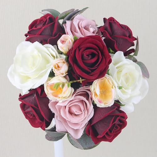 Rinlong 7" Wedding Bouquet, Burgundy Silk Bridesmaid Bridal Bouquet - color: 19-burgundy Red