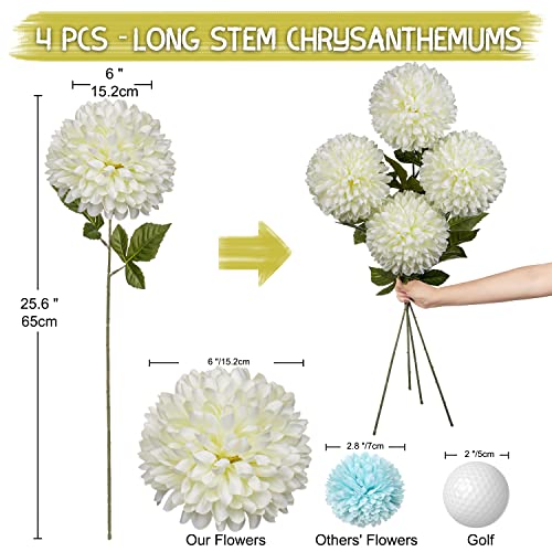 Briful Autumn Artificial Chrysanthemums Ball Flowers 6’’ Large Heads Mums Stems Cream White Fake Hydrangea Flowers Bridal Wedding Bouquet for Home Garden Party Wedding Decoration, Set of 4 - color: 6'' Dia. 4pcs Cream White