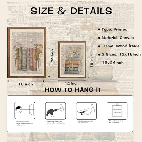 Vintage Book Wall Art Set of 3, Preppy Bow Floral Dictionary Book Canvas Prints, Floral Wildflower Wall Decor for Office Dorm Classroom Bedroom Home Decor 12x16in Wood Framed - color: Colorful Book, size: 16L" x 12W"
