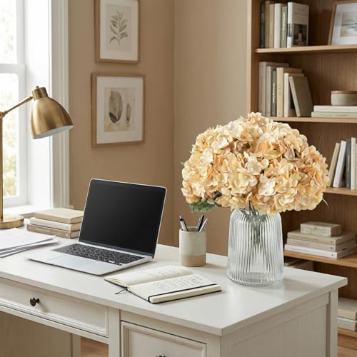2Bouquets Artificial Fake Flowers Plants Silk Hydrangea Arrangements Wedding Bouquets Decorations Plastic Floral Home Kitchen Garden Party Festival Bar DIY (Cream,5 Flower Heads) - color: Cream，5 Flower Heads