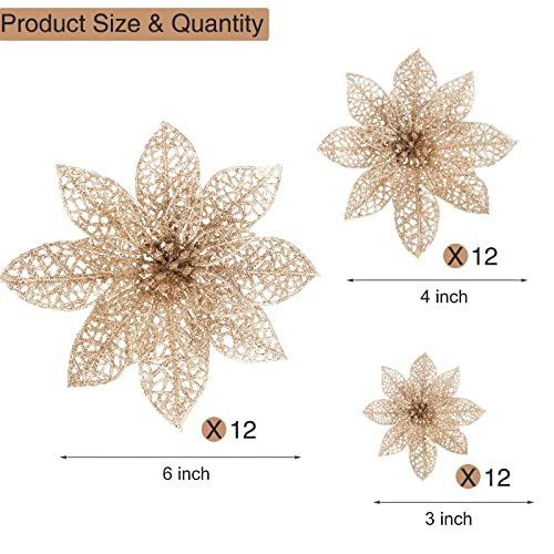 Wironlst 24 Pieces Glitter Poinsettia Flowers Christmas Tree Ornaments, Glitzy Poinsettia Bushes Christmas Decorations for Xmas/Holiday/Seasonal/Wedding (Champagne) - color: Champagne