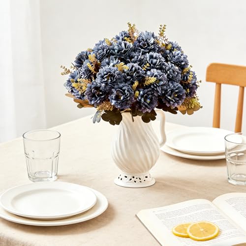 18 Heads Ink Blue Artificial Chrysanthemum Flowers Fake Mums Ink Blue Kiku Gothic Flowers Bouquet Silk Chrysanthemums for Indoor Outdoor Table Centerpiece Vase Pots Decoration, 2 Pcs - color: Dark Blue Chrysanthemum
